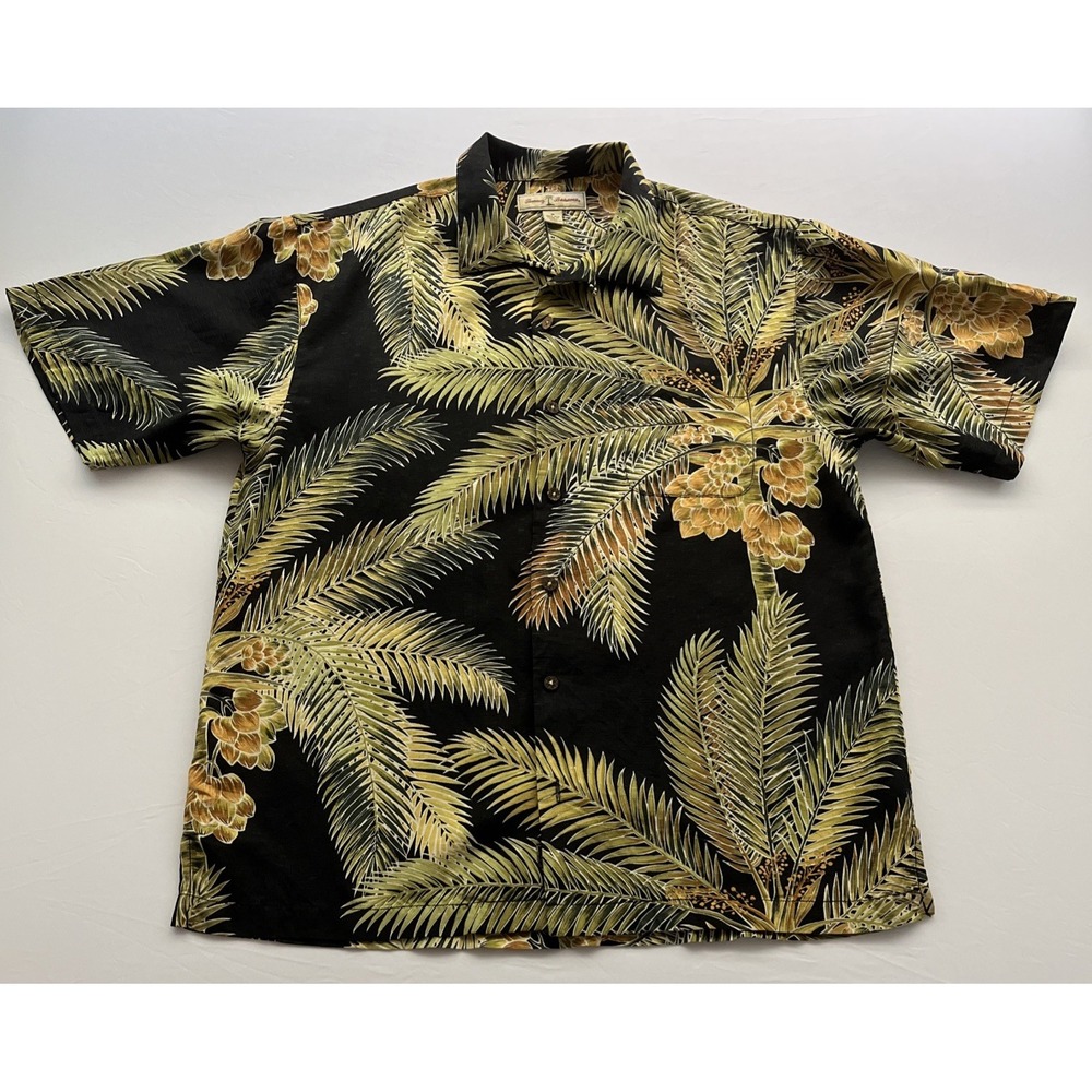 Tommy Bahama Shirt Mens Medium Silk Camp Black Tropical Palm Coconut Button Up